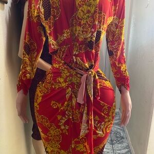 Vibrant Red and Gold Patterned Dress